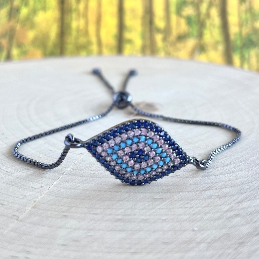 #66 Blue CZ Evil Eye Adjustable Women's Bracelet Eye Charm Protection Jewelry